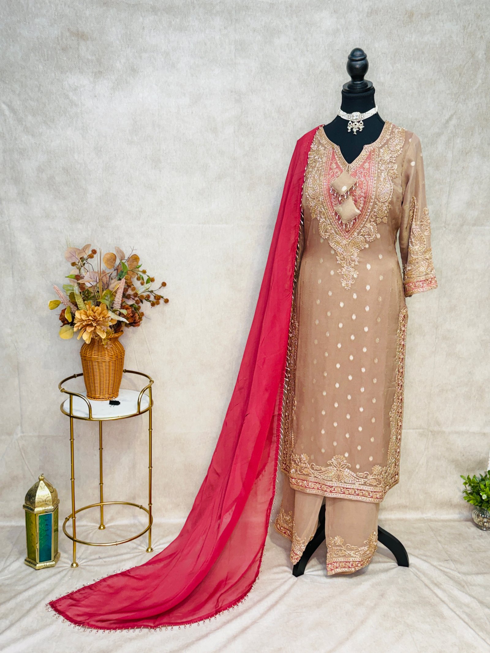 Champagne Gold & Rani Pink Embroidered Suit Set